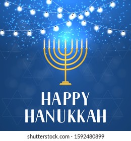 Happy Hanukkah hand lettering with string lights and menorah candle on blue background. Vector template for Jewish holiday greeting card, banner, celebration poster, flyer, postcard, invitation, etc.