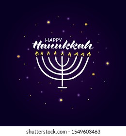 Happy Hanukkah hand lettering text. Modern brush calligraphy and illustration of Jewish holiday symbol menorah drawing in simple primitive style, sparkling stars on dark blue background. Vector EPS10