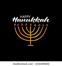 Happy Hanukkah hand lettering text. Modern brush ink calligraphy and illustration of Jewish holiday symbol menorah drawing in simple primitive style, white letters on black background. Vector EPS10