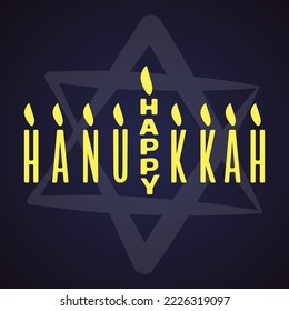 Happy Hanukkah. Hand lettering text with stars of David on dark background. Vector typography for cards, banners, posters