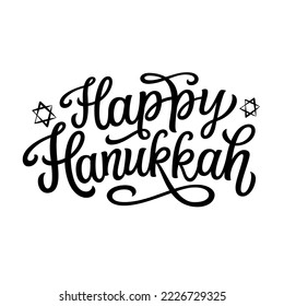 Happy Hanukkah. Hand lettering text with stars of David isolated on white background. Vector typography for cards, banners, posters