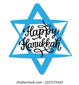 Happy Hanukkah. Hand lettering text with stars of David isolated on white background. Vector typography for cards, banners, posters