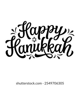 Fröhliche Hanukkah. Handschrifttext mit Sternen von David einzeln auf weißem Hintergrund. Vektortypografie für Karten, Banner, Poster