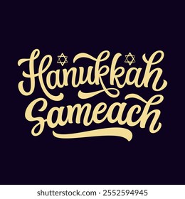 Happy Hanukkah. Hand lettering text with stars of David on dark background. Vector typography for cards, banners, posters