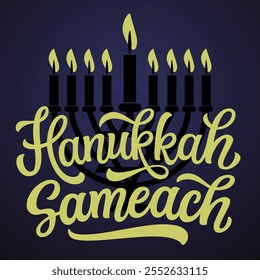 Happy Hanukkah. Hand lettering text with a menorah on dark background. Vector typography for cards, banners, posters