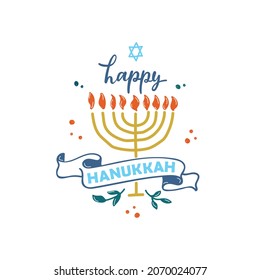 Happy Hanukkah hand writing text. Modern brush ink calligraphy, hand lettering and David's star isolated on white background. Vector illustration for Jewish holiday as greeting card, poster, banner