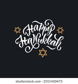 Fröhliche Hanukkah Hand schreiben Text. Moderne Kalligraphie mit Pinselfarbe, Handschrift und Davids Stern auf schwarzem Hintergrund. Vektorgrafik für jüdischen Feiertag als Grußkarte, Poster, Banner