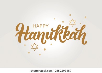 Happy Hanukkah hand writing text. Modern brush ink calligraphy, hand lettering typography and David's stars. Vector illustration for Jewish holiday as greeting card, poster, banner