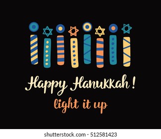 Happy Hanukkah, hand written brush lettering. Jewish holiday elegant greeting card template with menorah. Flyer, poster, banner, party invitation design. Vector illustration