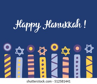 Happy Hanukkah, hand written brush lettering. Jewish holiday elegant greeting card template with menorah. Flyer, poster, banner, party invitation design. Vector illustration