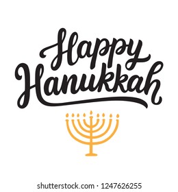 Happy Hanukkah hand written lettering with menora candle. Holiday greeting card vector illustration.