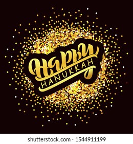 Happy Hanukkah hand written phrase. Modern brush calligraphy on golden textured background. Vector hand lettering inscription for Jewish holiday. Design for greeting card, celebration poster, EPS10