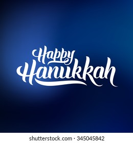 Happy Hanukkah hand-lettering text on blue background. Handmade vector calligraphy collection