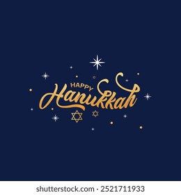 Happy Hanukkah handwritten  Gold letters with sparkling stars on a dark blue background. Modern brush calligraphy.Hand lettering, vector illustration for the Jewish holiday, perfect for greetings card