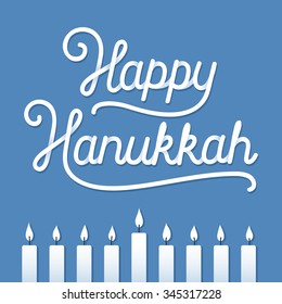 Happy Hanukkah handwritten lettering composition with menorah candles. Holiday greeting card vector illustration.