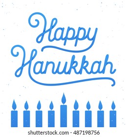 Happy Hanukkah handwritten lettering composition with menorah candles. Holiday greeting card vector illustration in vintage style.