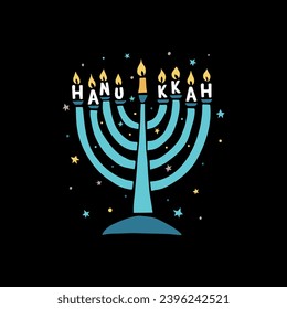 Happy Hanukkah handwritten text and menorah on black background. Modern brush calligraphy. Hand lettering typography, vector illustration for Jewish holiday, greeting card, invitation, poster, banner