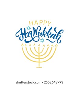 Fröhliche Hanukkah handgeschriebenen Text. Moderne Pinselkalligraphie, handgeschriebene Typografie, Davids Stern einzeln auf weißem Hintergrund. Vektorgrafik für jüdischen Feiertag als Grußkarte, Poster, Banner