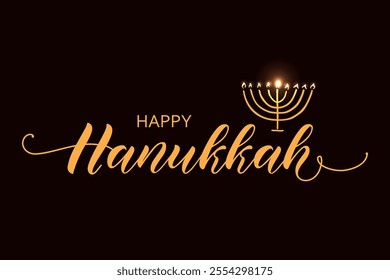 Happy Hanukkah handwritten text. Modern brush calligraphy, hand lettering typography. Vector illustration for Jewish holiday. Greeting card, poster, banner. Golden textured letters on dark background