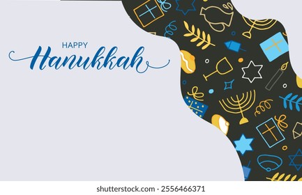 Happy Hanukkah handwritten text. Modern brush calligraphy, hand lettering typography. Jewish holiday symbols drawing in doodle style. Vector illustration for poster, banner, greeting card