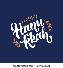 Happy Hanukkah handwritten text on dark blue background. Modern brush calligraphy. Hand lettering typography, bright vector illustration for Jewish holiday as greeting card, poster, banner