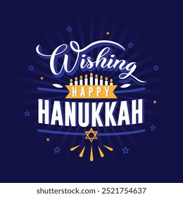 Happy Hanukkah handwritten  Typography and sparkling stars on a dark blue background. Modern brush calligraphy style. Perfect hand lettering vector for Jewish holiday cards, posters, banners