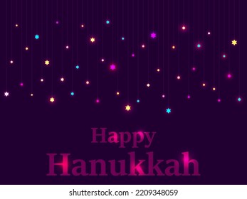 Happy Hanukkah. Hanging twinkling star of David with bright lights for the Jewish holiday. Design for greeting card, banner and poster. Vector illustration