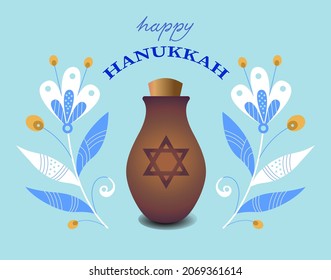 Happy Hanukkah. Hanukkiyot. Pot with olive oil and Star of David, delicate floral ornament and lettering.Greeting card.