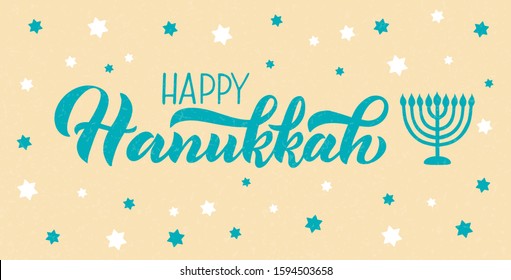 Happy Hanukkah holiday gold lettering with menorah on black background. Hand drawn vector typographic design EPS 10