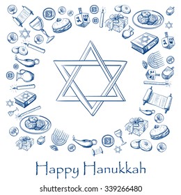 Happy Hanukkah holiday greeting background with candlestick, star of David, torah, menorah, dreidel and gifts