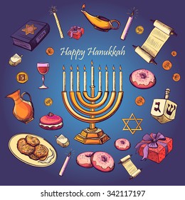 Happy Hanukkah holiday greeting background - Hanukah, Purim, Pesach, Sukot, Rosh-Hashanah, Shavuot, Simhat-Torah. With candlestick, star of David, torah, menorah, dreidel and gifts