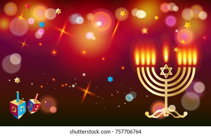 Happy Hanukkah Holiday greeting poster with donuts - traditional cakes, dreidel spinning top, candles, fire flame, menorah, bokeh abstract background, defocus lights effect, Festival of lights Israel