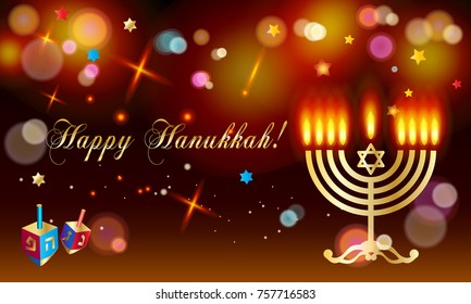 Happy Hanukkah Holiday greeting poster, donuts - traditional cakes, dreidel spinning top, candles, fire flame, menorah, gold bokeh abstract background, defocus lights effect, Festival of lights Israel