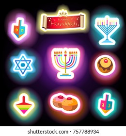 Happy Hanukkah Holiday greeting poster traditional symbols, set - stickers: donuts traditional cakes, dreidel spinning top, candles fire flame candelabra, scroll baner glowing lights neon effect logo