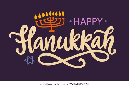 Happy Hanukkah holiday lettering greeting card. Modern calligraphy. Hand drawn vector typographic banner design.