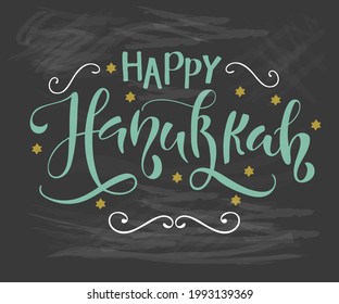 Happy Hanukkah holiday lettering. Hand drawn vector typographic design with modern calligraphy. Jewish holiday elegant greeting card template. Flyer, poster, banner, party invitation design.