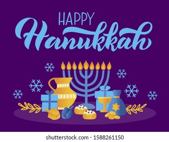 Happy Hanukkah holiday lettering and illutration greeting card template with holiday symbols on violet. Hand drawn vector typographic design with modern calligraphy. EPS 10