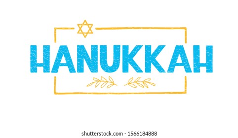 Happy Hanukkah holiday lettering isolated on white. Hand drawn vector typographic design with modern calligraphy.  Hanukkah Jewish holiday greeting cards traditional . EP10