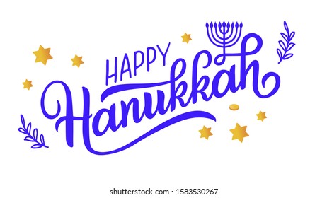 Happy Hanukkah holiday lettering with menorah, isolated on white. Hand drawn vector typographic design with modern calligraphy. Happy Hanukkah logotype, badge and icon typography. EPS 10