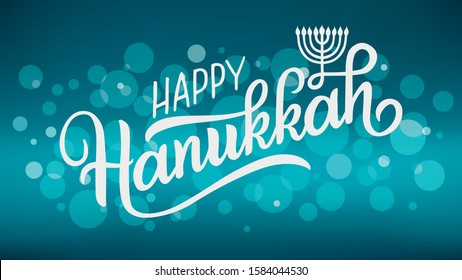 Happy Hanukkah holiday lettering with menorah on blue. Happy Hanukkah logotype, badge and icon typography. 