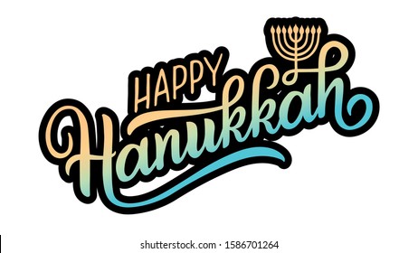 Happy Hanukkah holiday lettering with menorah, isolated on white. Hand drawn vector typographic design with modern calligraphy. Happy Hanukkah logotype, badge and icon typography.  EPS 10