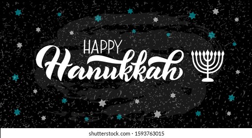 Happy Hanukkah holiday lettering with menorah on black background. Hand drawn vector typographic design for  your products: greeting cards and posters. EPS 10