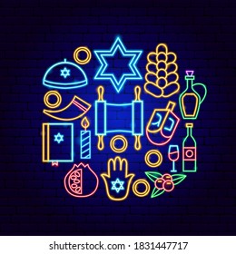 Happy Hanukkah Holiday Neon Concept. Vector Illustration of Jewish Promotion.