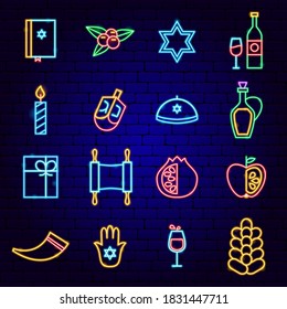 Happy Hanukkah Holiday Neon Icons. Vector Illustration of Jewish Promotion.