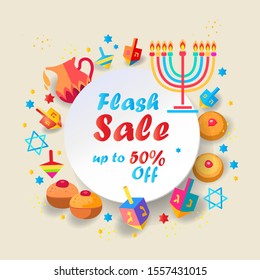 Happy Hanukkah Holiday party decoration, gift card, sale banner background with traditional symbols wooden dreidels (spinning top), Hebrew letters, donuts, menorah candles, oil jar, star David, vector