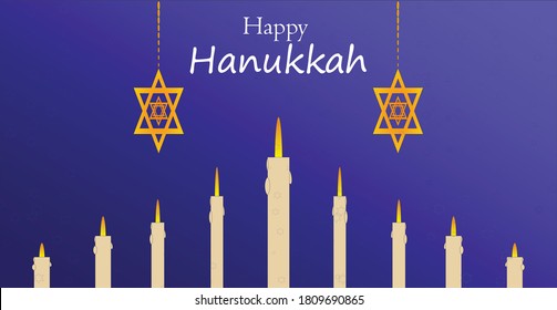 Happy Hanukkah. Holiday religion, jewish festival of Lights with candles and star design in background.