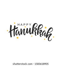 Happy Hanukkah holiday script lettering inscription isolated on white background. Handwritten quote. Calligraphy for Hanukkah card, poster, banner.