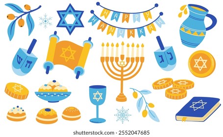 Feliz feriado de Hanukkah. Símbolos e atributos, menorá, donuts sufganiyah, ramo de oliveira, pomba voadora, dreidels. Ilustração vetorial. Ilustrações de vetor planas isoladas no plano de fundo branco