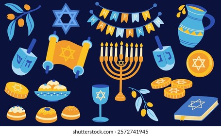 Happy Hanukkah holiday set. Symbols and attributes, menorah, sufganiyah doughnuts, olive branch, flying dove, dreidels. Flat vector illustrations isolated on white background