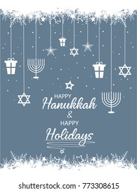 Happy Hanukkah und glückliche Urlaubskarte oder Hintergrund. Vektorgrafik.